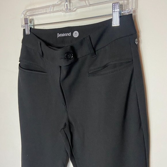 Betabrand Women M Long Crop Lite Dress Pant Yoga Pants Pockets Zip Button Black - Picture 2 of 9
